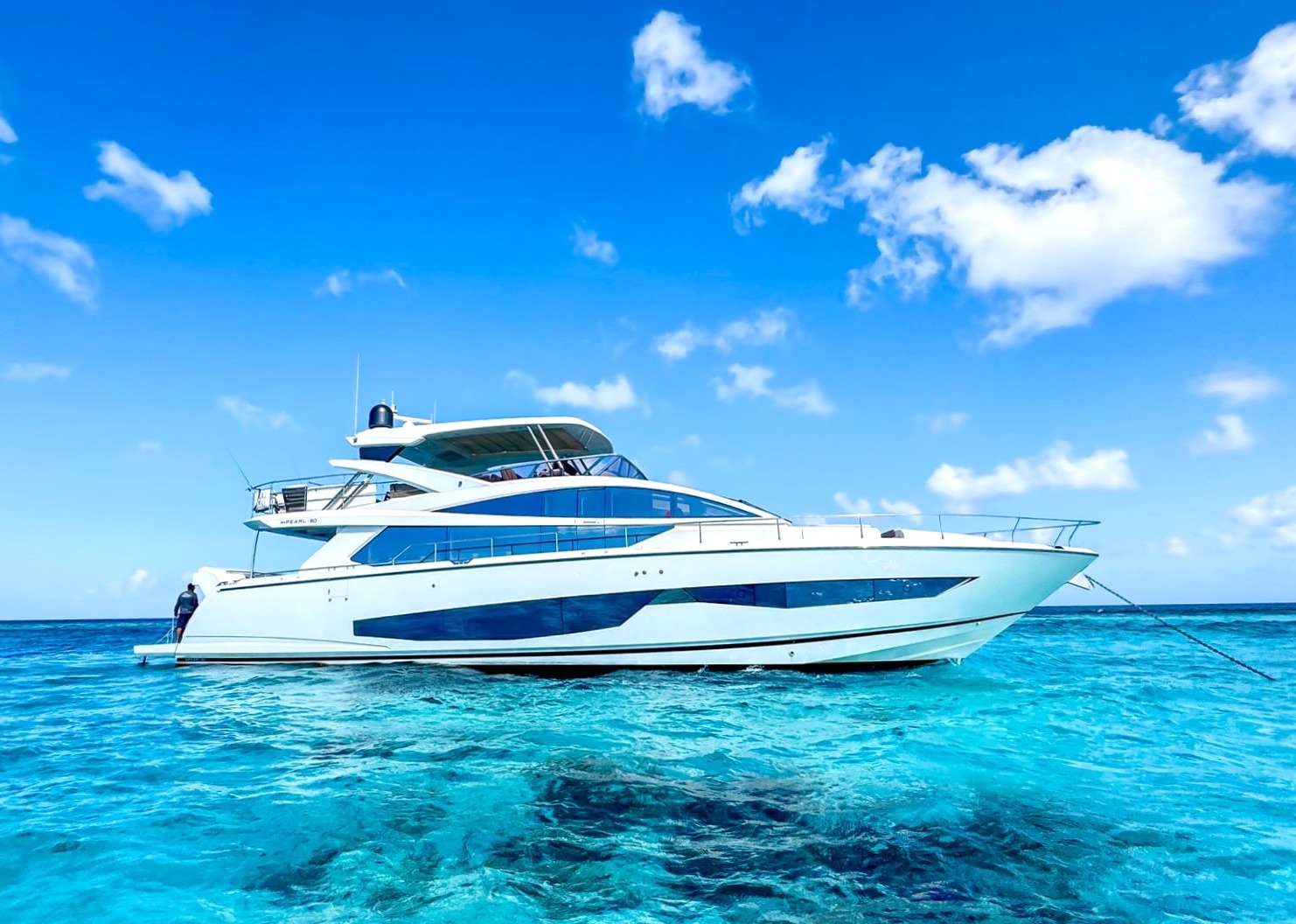 White motor yacht from the No Drama Charters homepage